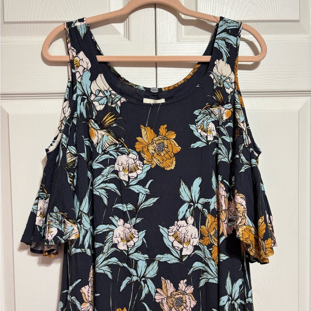 Cupio Navy Floral Scoop Neck Dress with Clod Shoulders and POCKETS! - Picture 6 of 6